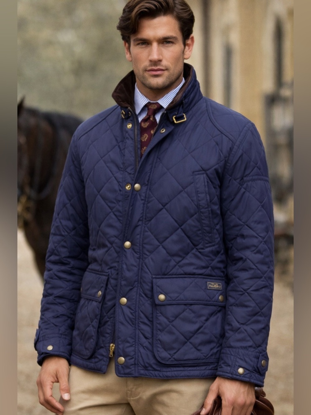 Polo Ralph Lauren Quilted Barn Jacket Navy Blue Corduroy Collar Buckle M